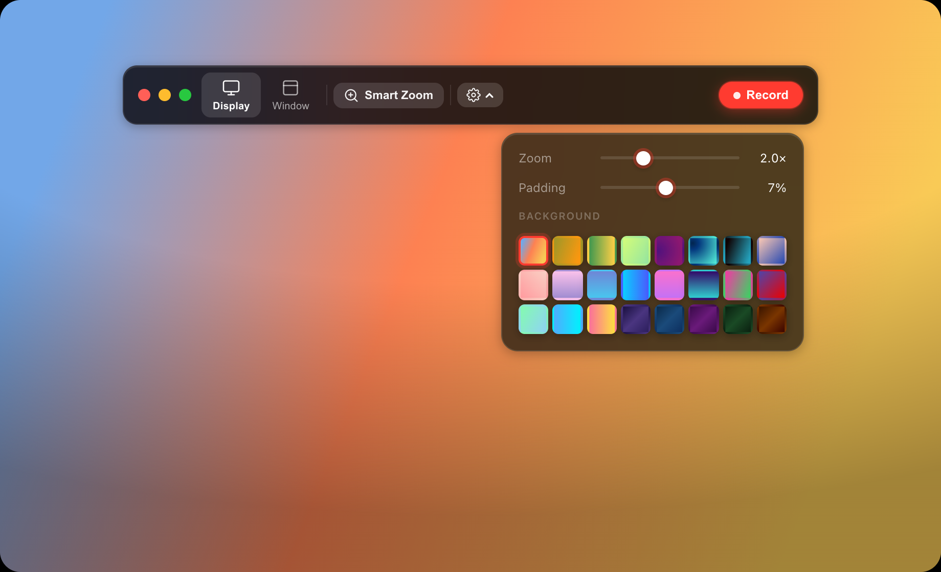 Settings — zoom, padding and background grid